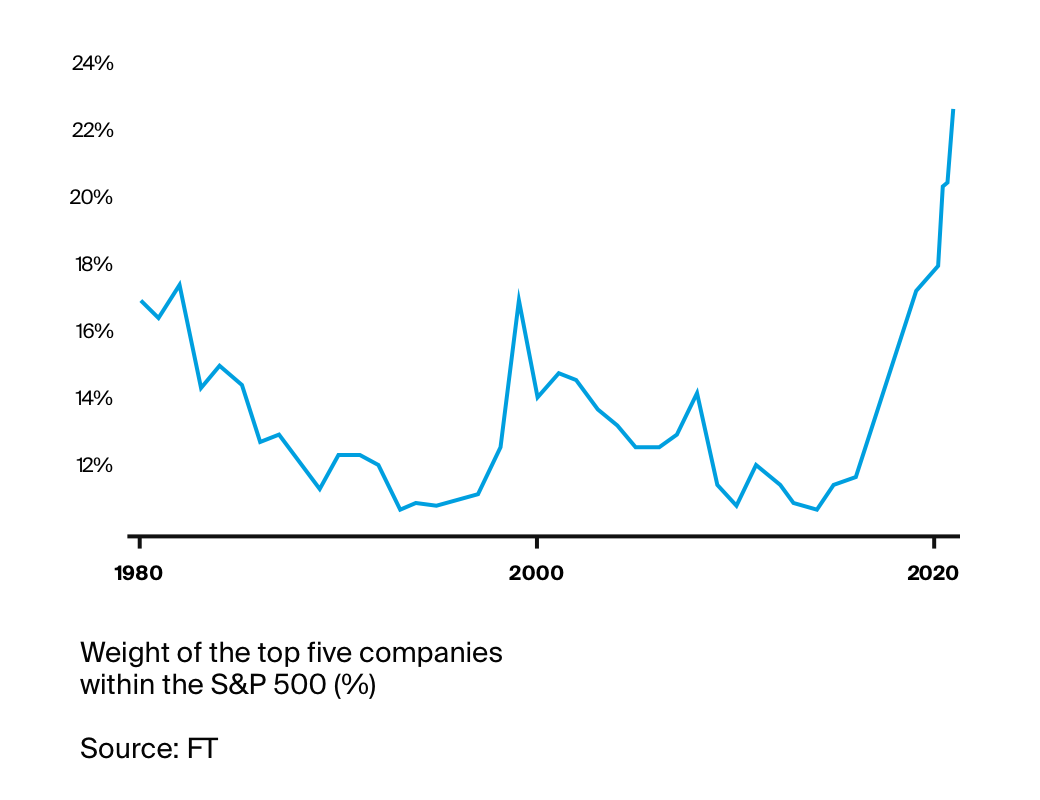 The S&P 500s five biggest companies have not such a large share of the index since at least the 1980s.